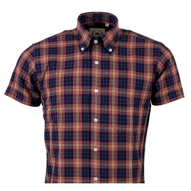 Chemise Relco STCK 28 de face. Marine + moutarde + bordeaux + ciel.