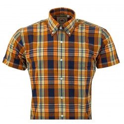 Chemise Relco CK63. Vue de face. Orange + marine + ciel.