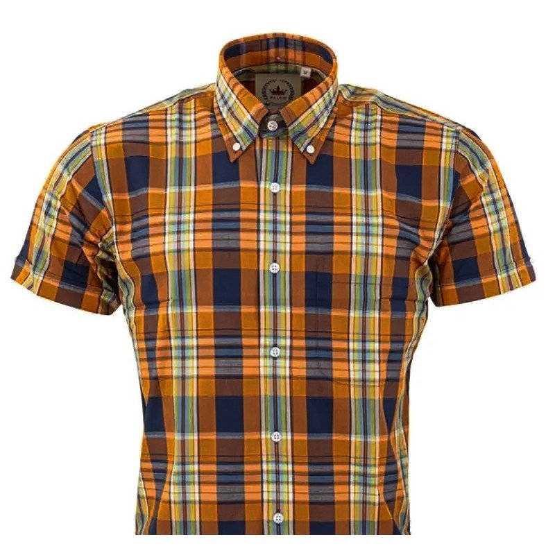 Chemise Relco CK63. Vue de face. Orange + marine + ciel.