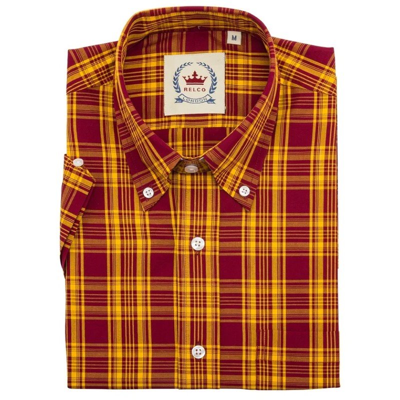 Chemise Relco CK51. Style vintage. Bordeaux et jaune.