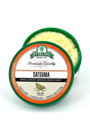Savon à raser Stirling "Satsuma".  Parfum de Mandarines. Pot ouvert..