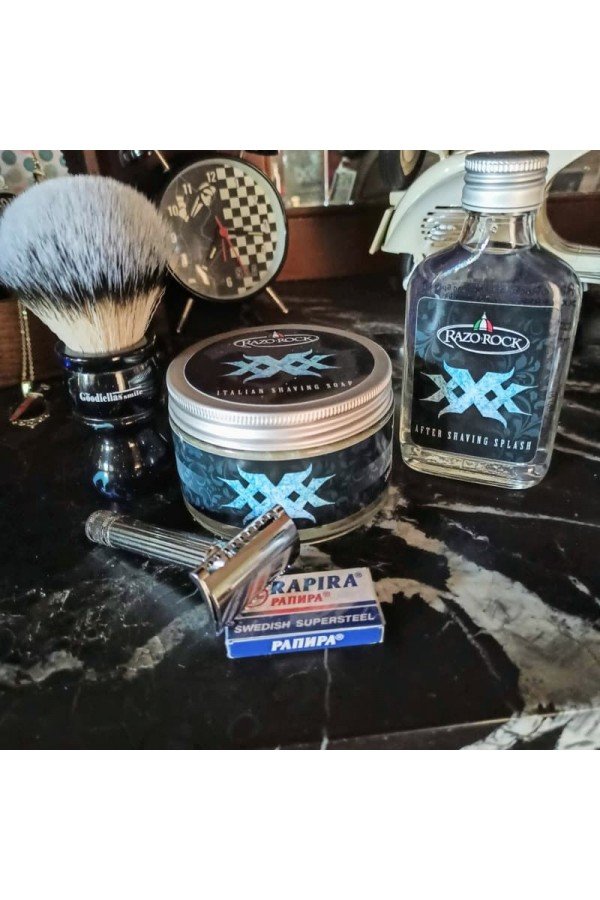 Savon à raser Razorock "XXX menthol" + après rasage + blaireau The Goodfellas Smile "+ rasoir Fatip " + lames de rasoir Rapira .