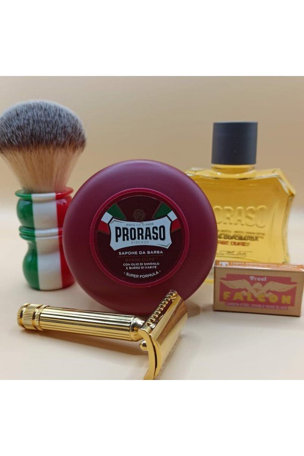 Savon à raser Proraso barbe dure + après rasage + blaireau Razorock "Italian barber" + rasoir Fatip "+ lames  Treet "Falcon"