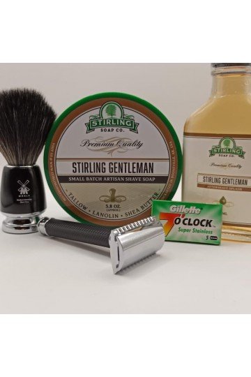 Savon de rasage "Stirling Gentleman " et après-rasage + Blaireau  Mühle "Rytmo" + Rasoir Mühle R89B + Lame Gillette "7 O'Clock"