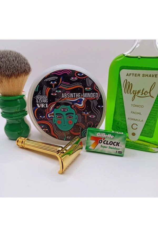 Savon Ariana Evans Absinthe Minded. Brosse Razorock Italian barber. Rasoir Fatip Grande. Après-rasage Myrsol Formula C