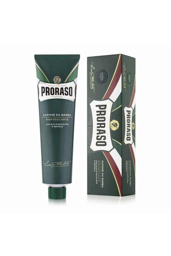 Crème à raser en tube Proraso vert. Menthol et Eucalyptus rafraichissants.