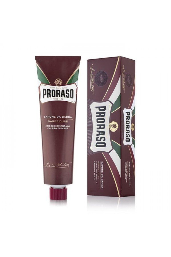 Crème à raser en tube Proraso Rouge. Pour barbe dure.  Bois de santal et beurre de karité