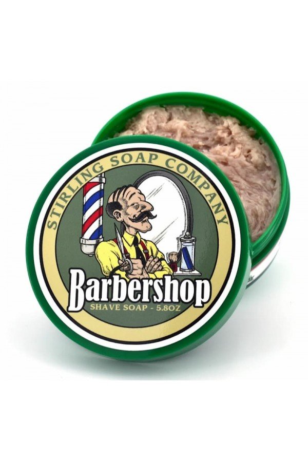 Savon à raser Stirling "Barbershop". Pot de 170ml. Pot présenté ouvert.