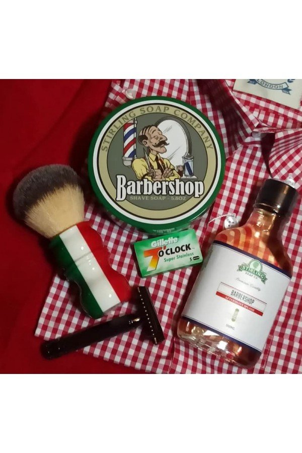 Savon à raser Stirling Barbershop + Aftershave Stirling Barbershop + blaireau Razorock italian barber