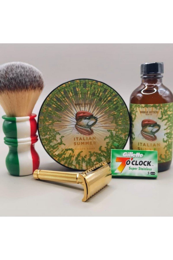 Savon à raser et après-rasage Noble Otter " Italian Summer ", Blaireau Razorock "Italian Barber", Rasoir Fatip "Grande".