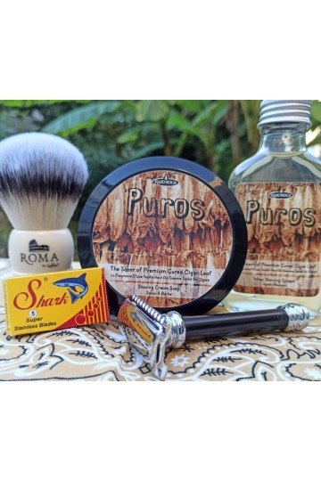 Savon à raser Razorock "Puros" + Après-rasage Razorock "Puros". Blaireau à raser Omega "Roma".