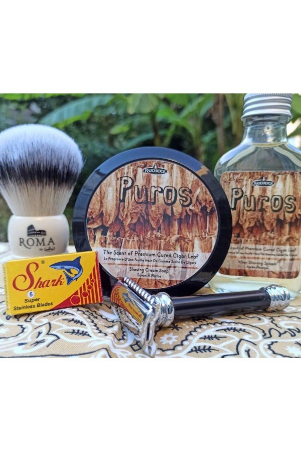 Savon à raser Razorock "Puros" + Après-rasage Razorock "Puros". Blaireau à  raser Omega "Roma".