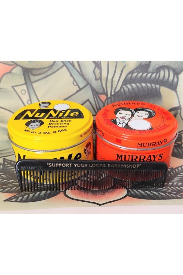 Gomina Murray's traditionnelles: "Superior fixation forte + Nu Nile fixation moyenne + peigne barbershop.