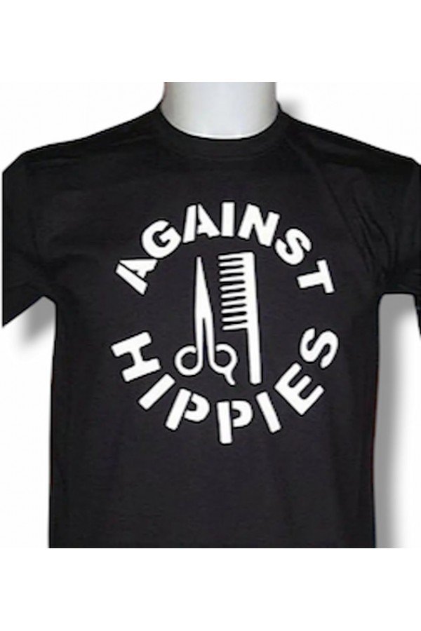 T-shirt slogan Against Hippies. Noir blanc. Disponible en 6 tailles.