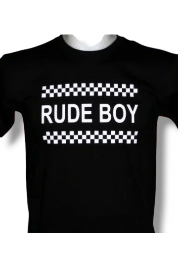 t-shirt noir Rudeboy. Grand logo Rude Boy sur un damier blanc. Existe en 6 tailles.