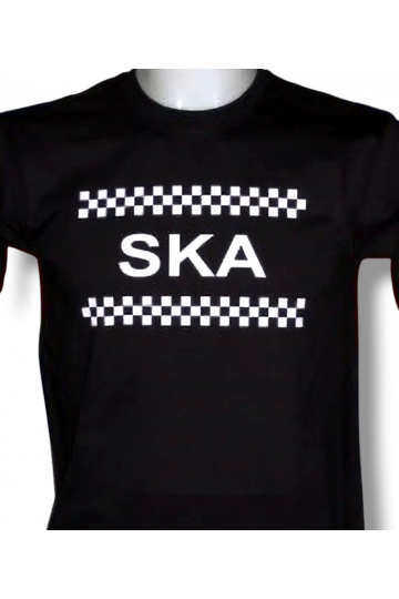 T-shirt noir Ska damier. Grand logo blanc souligné d'un damier. Existe en 6 tailles.