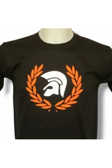 T-shirt noir Casque Trojan laurier. casque Trojan Records blanc dans un laurier orange. Existe en 6 tailles.