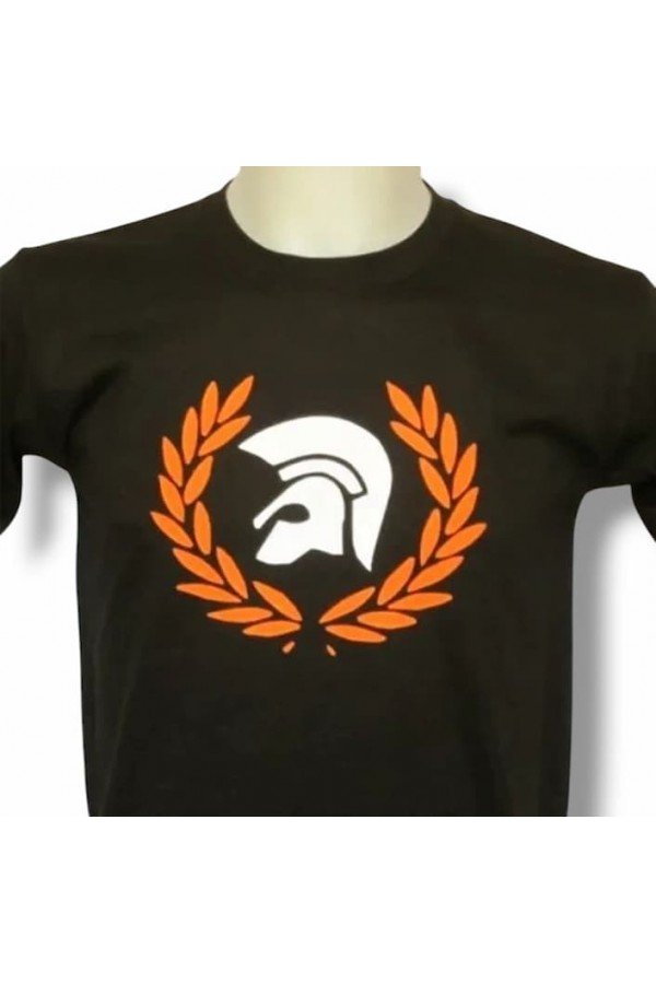 T-shirt noir Casque Trojan laurier. casque Trojan Records blanc dans un laurier orange. Existe en 6 tailles.