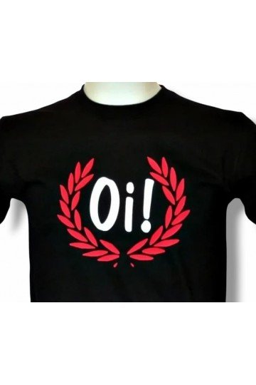 T-shirt noir oi! laurier. Grand OI! blanc dans une couronne de laurier rouge. Style OI! musique anglaise. Existe en 6 tailles.