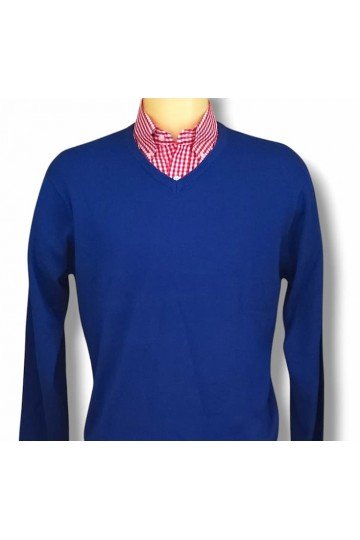 Pull col en V bleu royal. Moonstomp Clothing. Manches longues. 5 tailles disponibles. Chemise relco london vichy rouge.