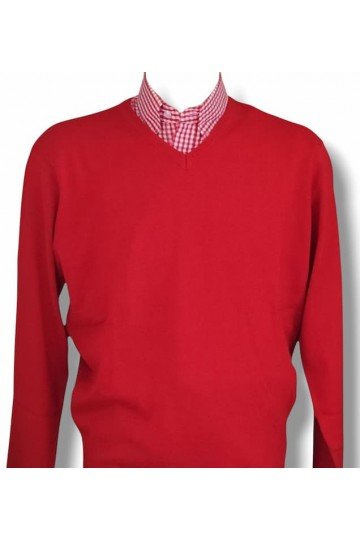 Pull col en V rouge manches longues. Moonstomp Clothing. Chemise Relco London vichy rouge. Existe en 5 tailles.