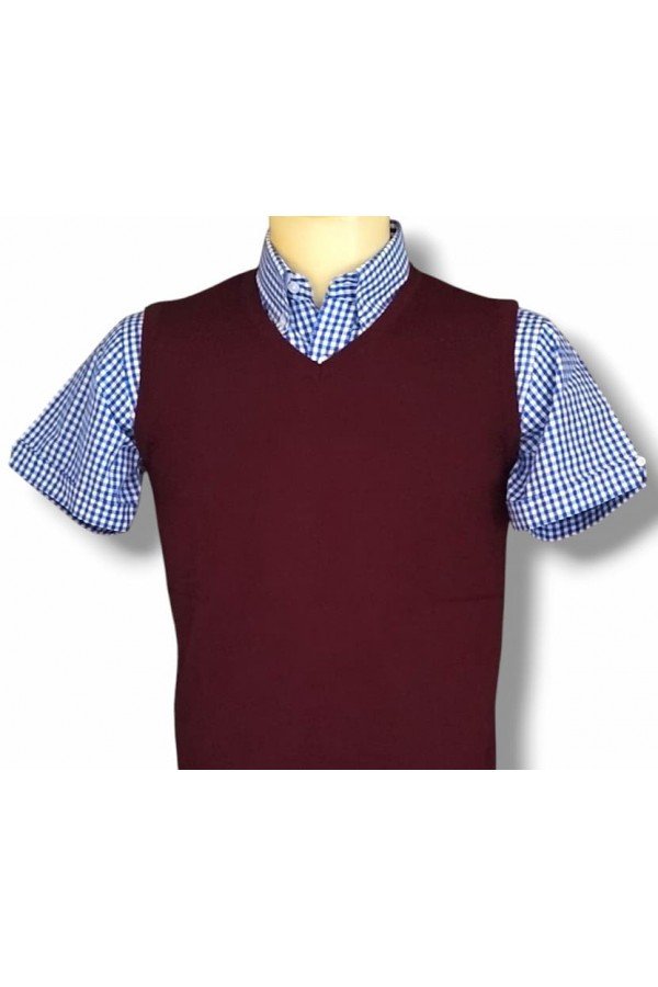 Pull débardeur sans manches Relco London. Tank top anglais bordeaux. Existe en 5 tailles. Chemise vichy Relco London.