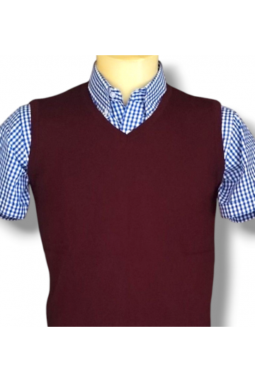 Tank top Bordeaux Relco London. Pull débardeur col V sans manches. 5 tailles disponibles. Chemise vichy Relco vichy bleu.