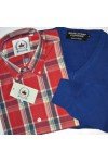 pull bleu royal Moonstomp Clothing + chemise écossais ROUGE Relco London.