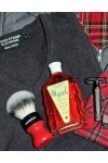 pull gris Moonstomp Clothing + chemise rouge Relco + rasoir Muhle + blaireau à raser Amici The Goodfellas Smile.