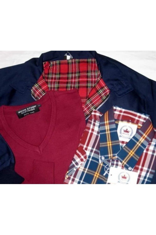 Pull bordeaux moonstomp clothing + Harrington jacket marine anglais + Chemise relco london écossais.