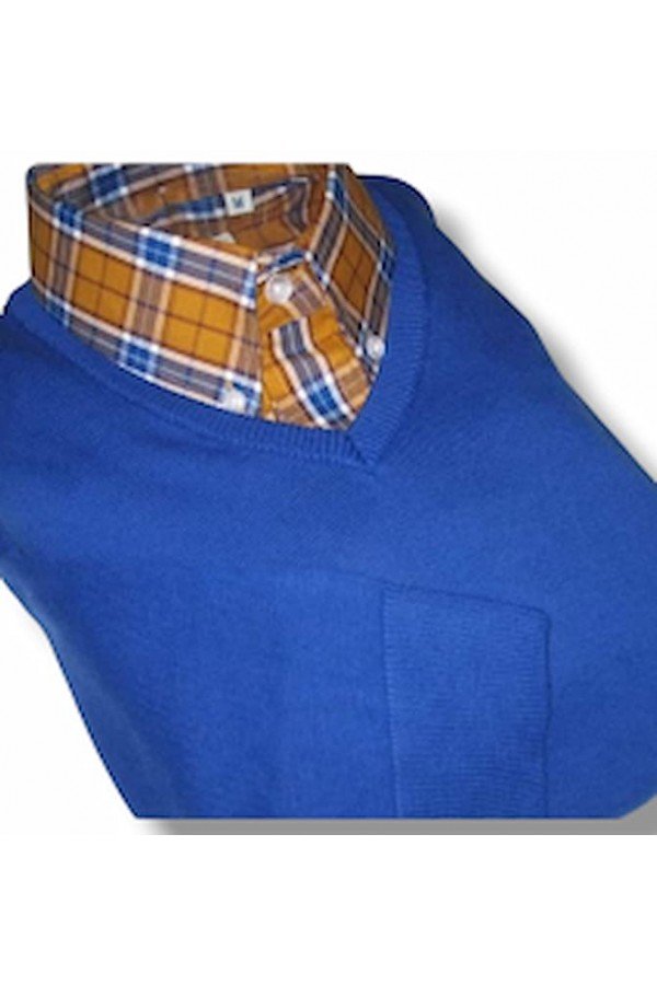 Pull col V manches longues bleu royal Moonstomp Clothing + chemise relco london écossais anglais.