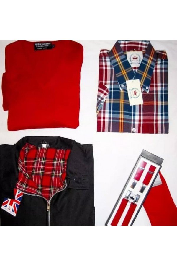 Pull rouge Col V Monnstomp Clothing + harrington jacket anglais noir + Bretelles rouge Relco London.