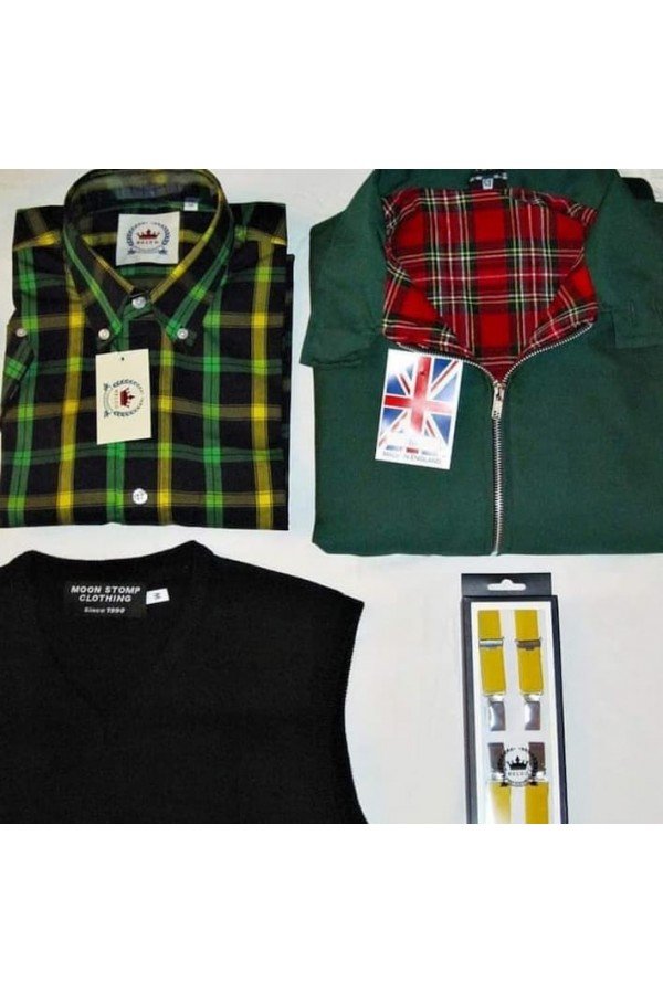 Pull débardeur col V Moonstomp Clothing noir + harrington jacket anglais vert + bretelles relco london jaune.
