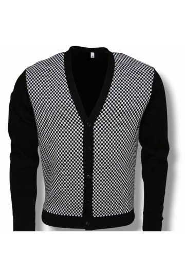 Cardigan Relco London carreaux damier noir et blanc. Veste à bouton retro style ska 2 Tone.