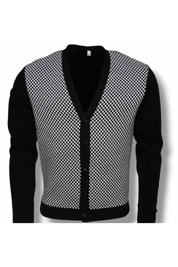 Cardigan Relco London carreaux damier noir et blanc. Veste à bouton retro style ska 2 Tone.