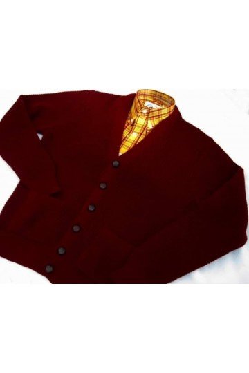 Gilet cardigan Waffle bordeaux Relco London. Style années 50/60 + chemise Relco London écossais.