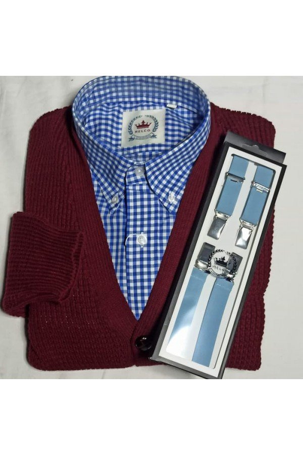 Cardigan Waffle bordeaux Relco. Style années 50/60 + chemise Relco London vichy bleu + Bretelles Relco bleu ciel.