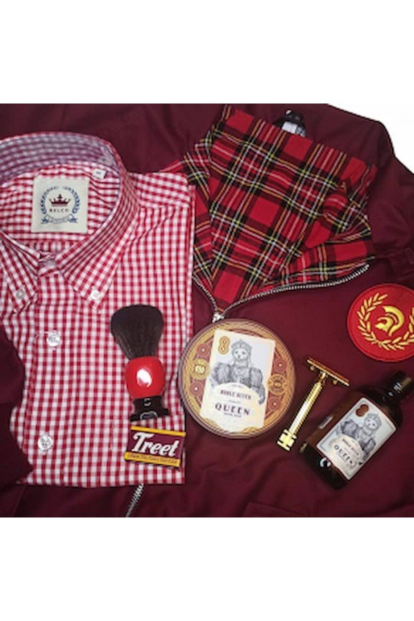 Chemise retro Relco London vichy rouge + harrington jacket anglais noir + présentation Noble Otter rasage.