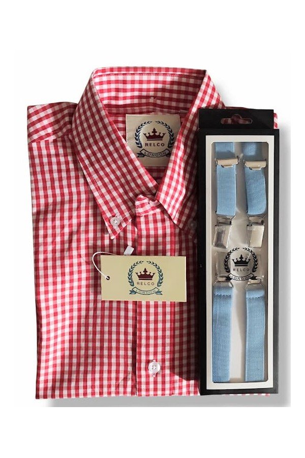 Chemise vichy rouge Relco London + bretelles bleu ciel Relco London.