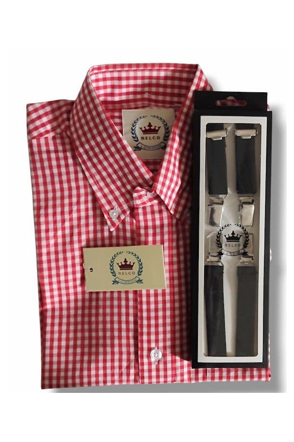 Chemise vichy rouge Relco + bretelles noir Relco. Style retro anglais années 60.