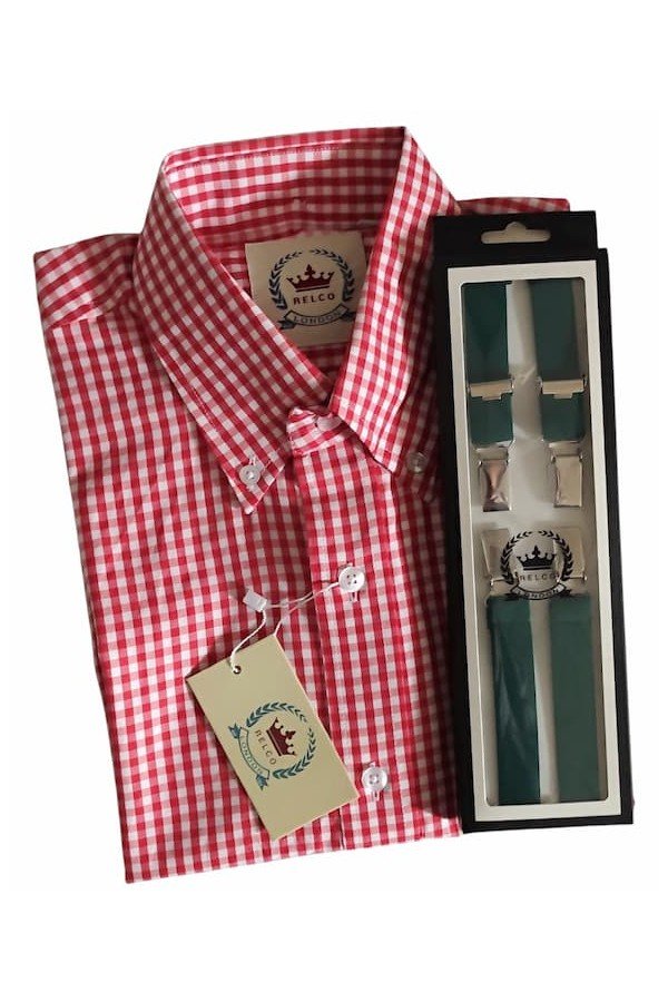 Chemise retro relco vichy rouge Relco + bretelles vert forêt Relco. Style vintage anglais années 60.