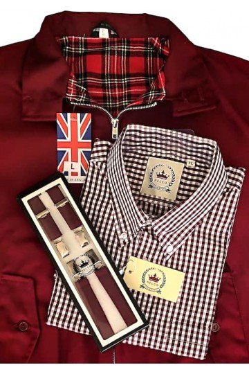 Bretelles Relco bordeaux + Chemise Relco vichy bordeaux + harrington jacket bordeaux.