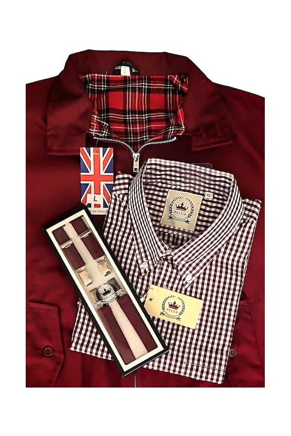 Bretelles Relco bordeaux + Chemise Relco vichy bordeaux + harrington jacket bordeaux.