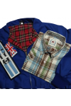 Harrington jacket anglais bleu royal + Chemise Relco écossais + Bretelles Relco bleu ciel.