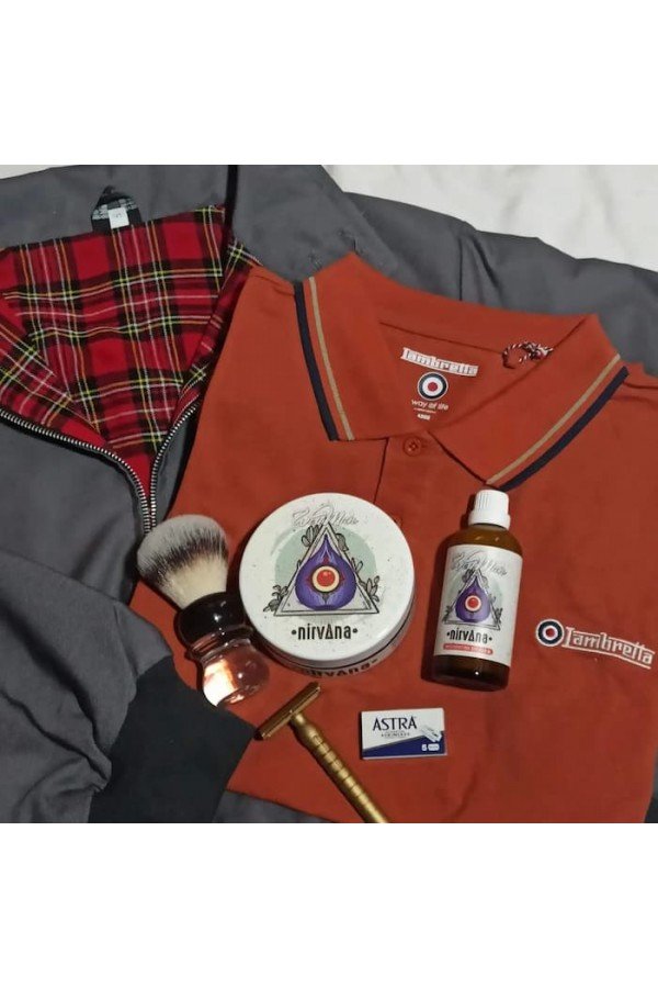 Polo Lambretta Clothing corail bandes beige bleu + Harrington jacket anglais gris + Rasoir Muhle R89.