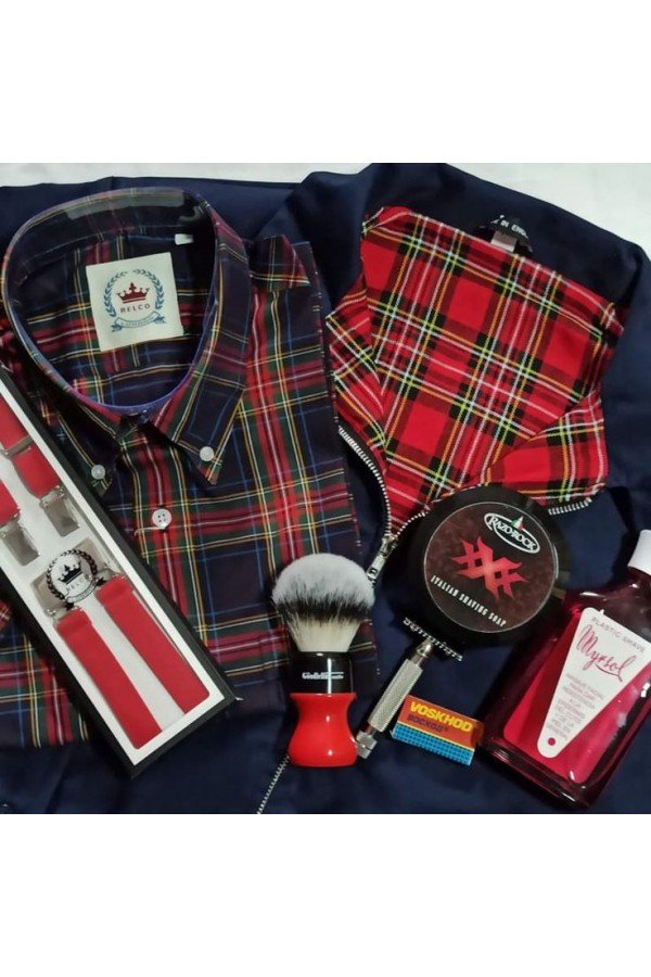 Bretelles fines anglaises Relco rouge + Chemise Relco écossais + Harrington jacket anglais marine