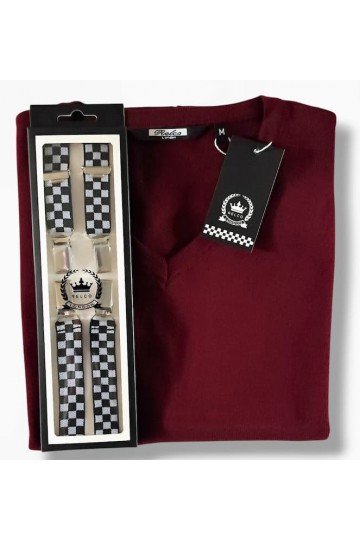 Bretelles damier ska Relco London. Fines style anglais retro + pull débardeur tank top bordeaux Relco London.