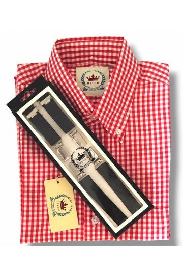 Bretelles Relco London fines noir + chemise Relco London vichy rouge.