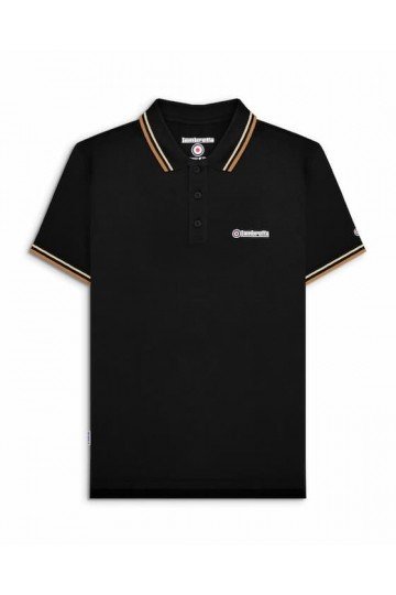 polo Lambretta Clothing . Noir avec une bande crème et une bande cappuccino au bord du col et des manche. polo de face.