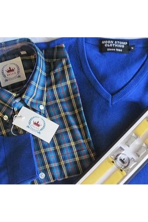 Bretelles Relco jaune + chemise Relco écossais + pull Moonstomp bleu royal. Style anglais années 80.